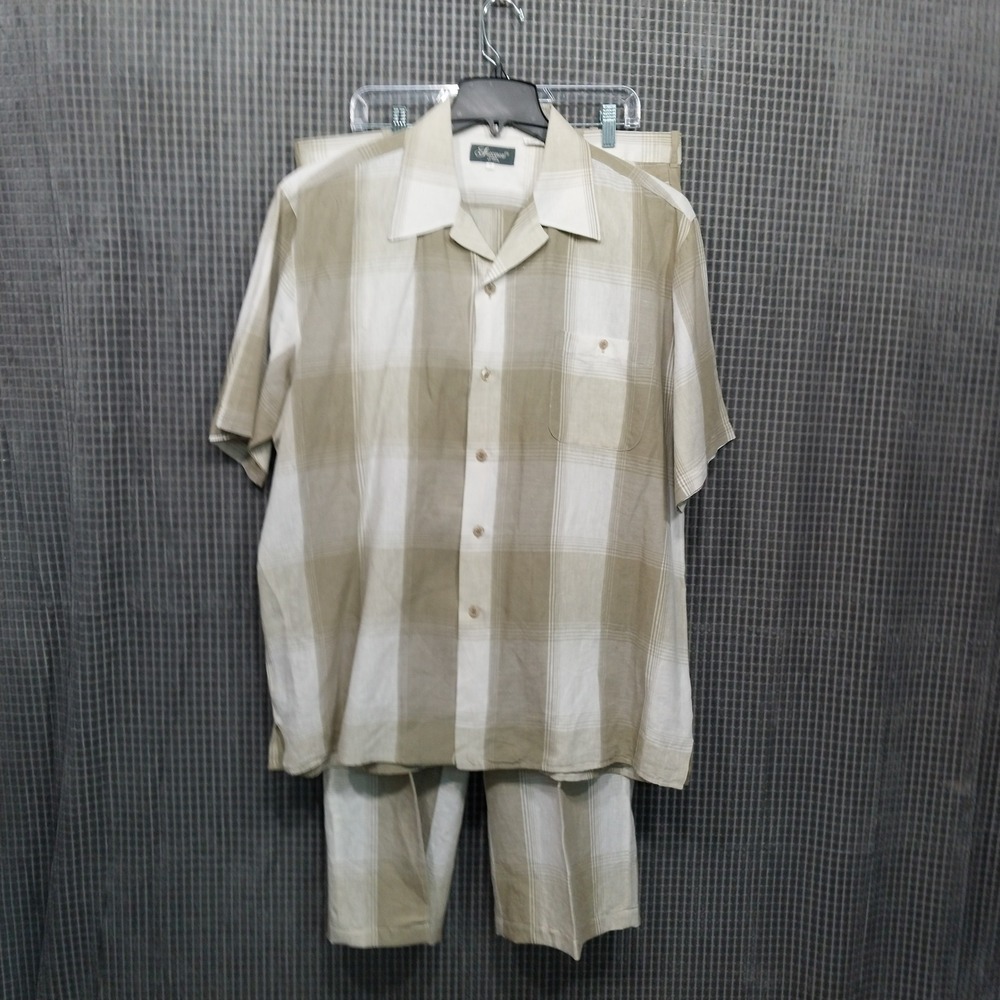 Successo Mens 2 Piece Matching Set 100% Linen Plaid Shirt Pants XL 38x32 Mint